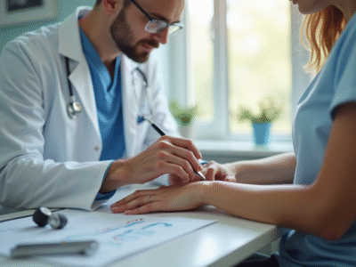 Dermatologue examinant une tache suspecte sur le bras