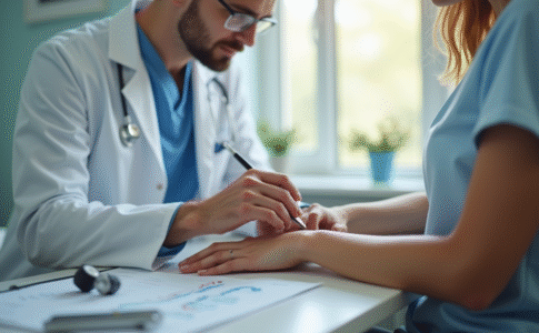 Dermatologue examinant une tache suspecte sur le bras