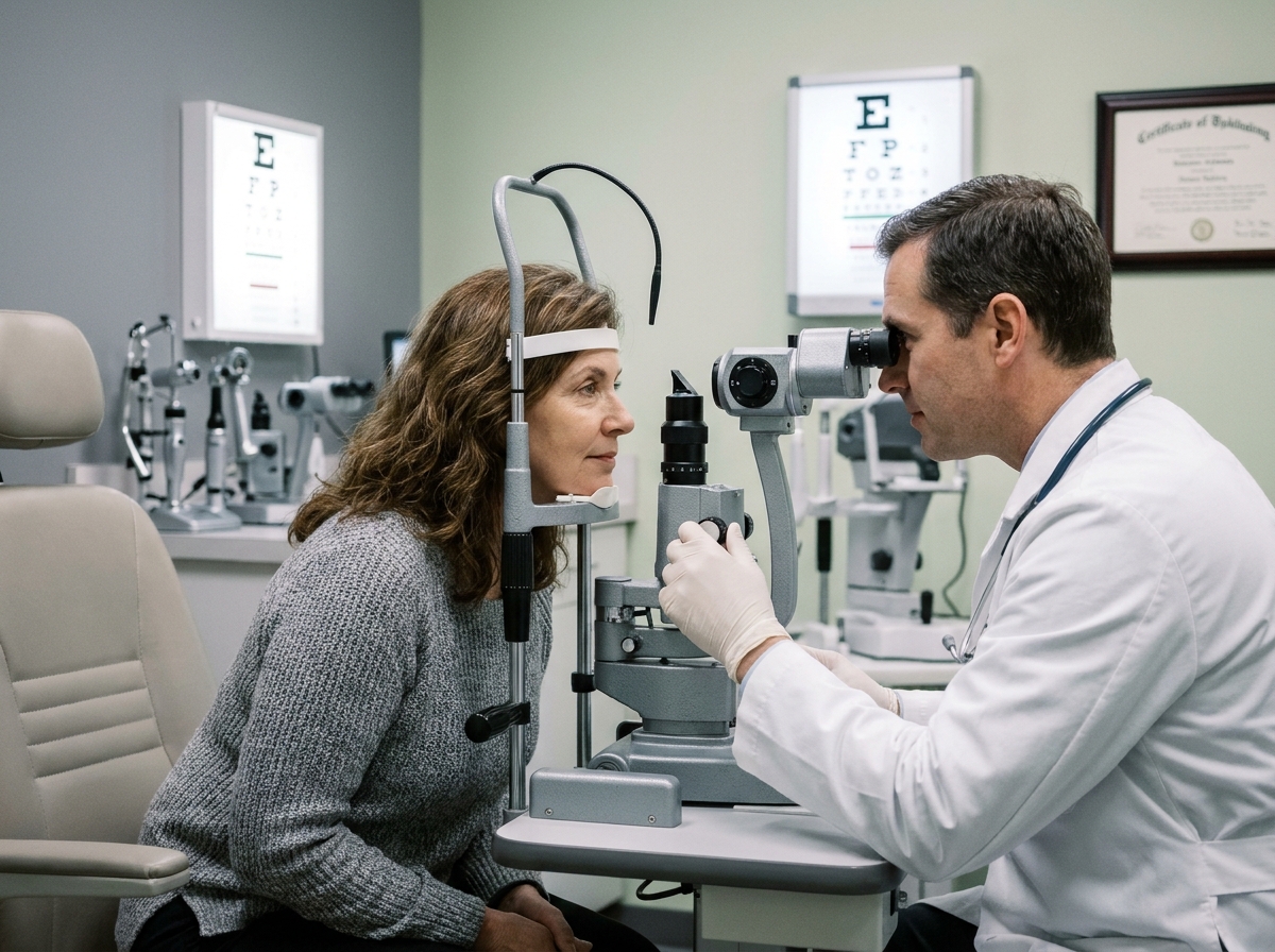 Femme d'âge mûr lors d'un examen ophtalmologique pour surveiller les liens entre tension artérielle et santé des yeux