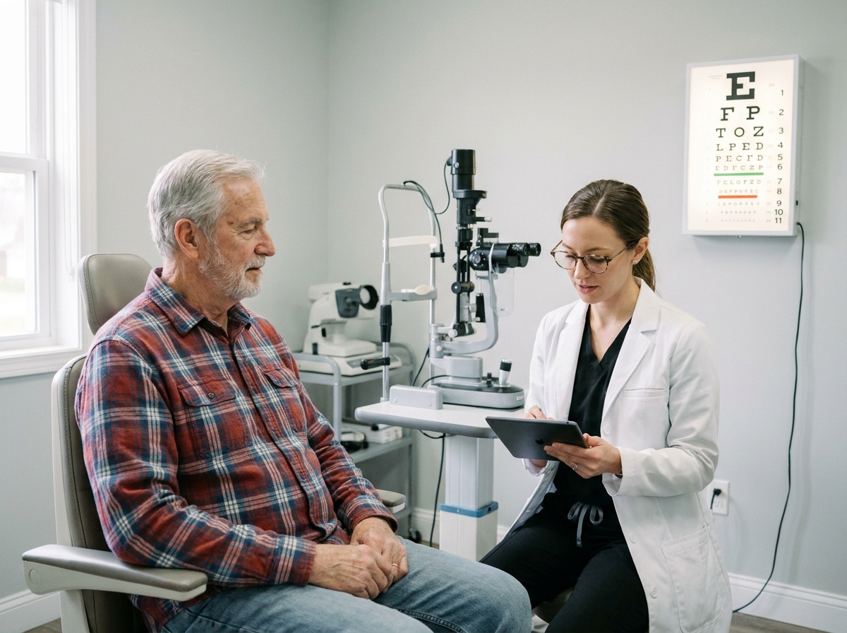 Examen de la vue d'un senior chez un opticien local avec équipement optométrique professionnel