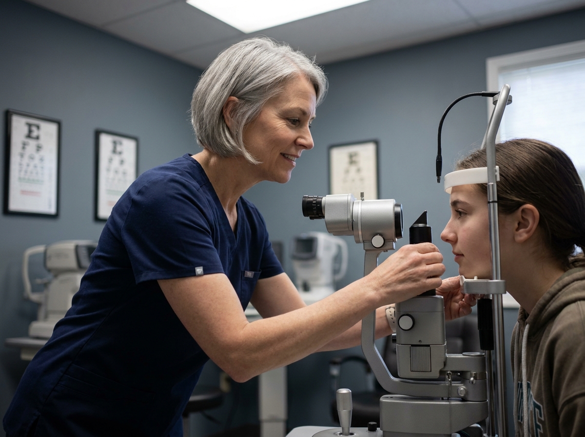 Opticienne réalisant un examen de la vue approfondi pour diagnostiquer les problèmes oculaires d'une patiente