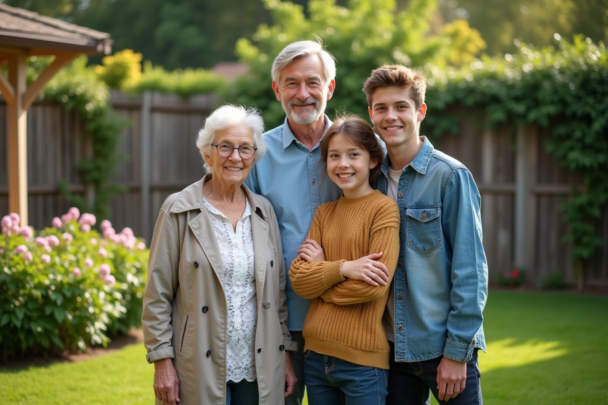 Famille avec deux adolescents dans un jardin verdoyant