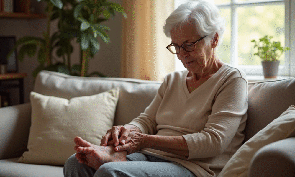 Femme agee assise sur un sofa se massant les pieds