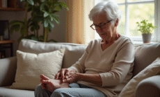 Femme agee assise sur un sofa se massant les pieds