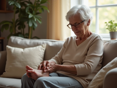 Femme agee assise sur un sofa se massant les pieds