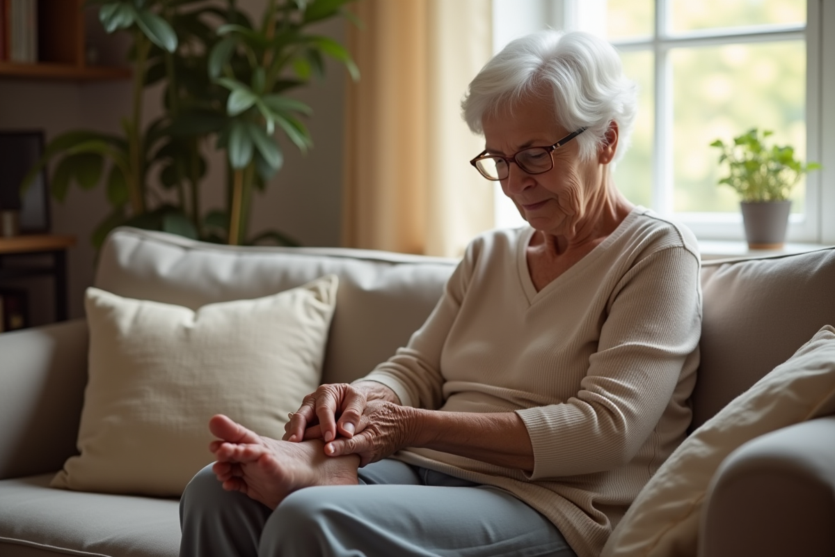 Femme agee assise sur un sofa se massant les pieds