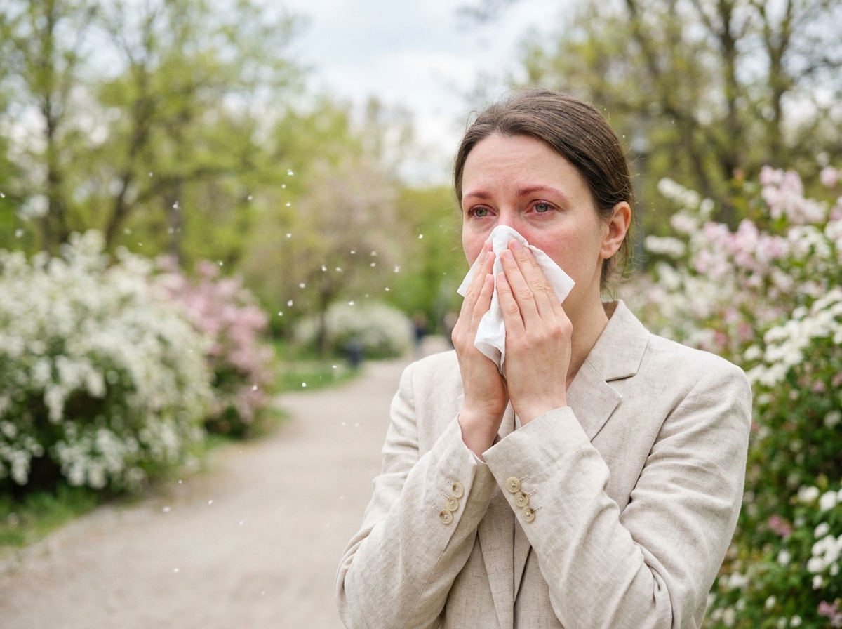 Femme souffrant d'allergies saisonnières dans un parc au printemps, se mouchant entourée de pollen et d'arbres en fleurs