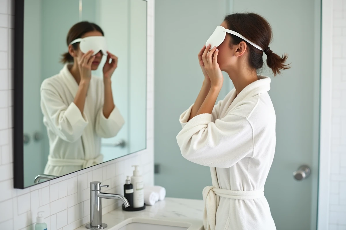 Femme en peignoir appliquant un masque froid anti-migraine devant le miroir de sa salle de bain