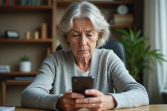 Femme consultant une application médicale en ligne sur son smartphone avec une expression de doute, sécurité des données de santé