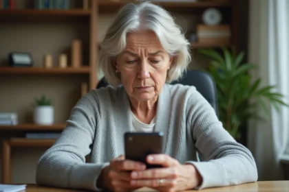 Femme consultant une application médicale en ligne sur son smartphone avec une expression de doute, sécurité des données de santé