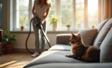 Jeune femme aspirant dans un salon cosy avec un chat