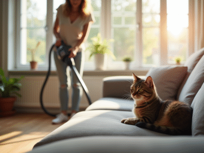Jeune femme aspirant dans un salon cosy avec un chat