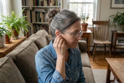 Femme d'âge moyen insérant un appareil auditif dans son oreille