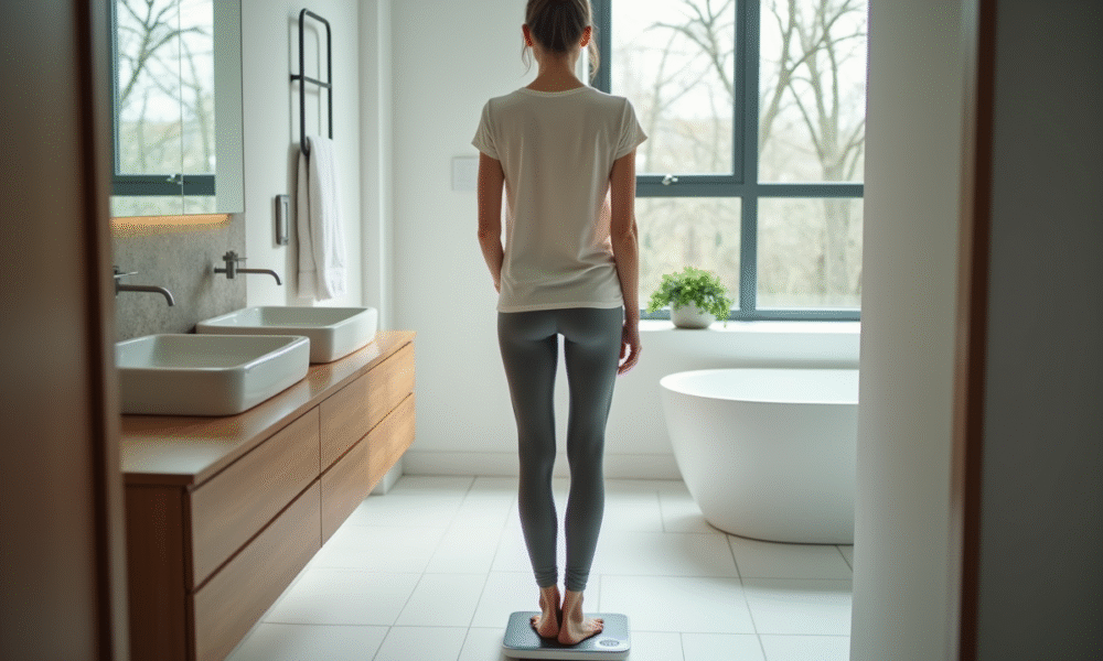 Femme sur la balance dans une salle de bain moderne