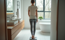 Femme sur la balance dans une salle de bain moderne