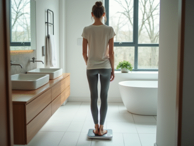 Femme sur la balance dans une salle de bain moderne