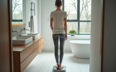Femme sur la balance dans une salle de bain moderne