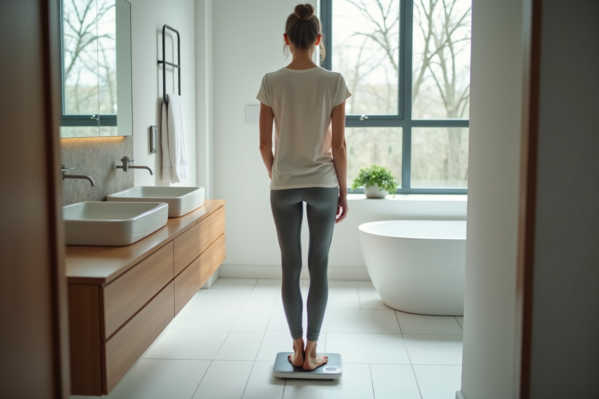 Femme sur la balance dans une salle de bain moderne