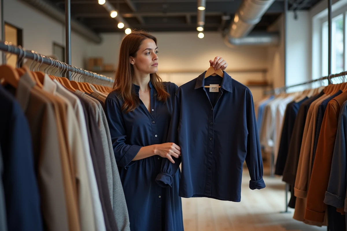 Femme consultant une étiquette de taille dans une boutique de vêtements française, reflet des enjeux liés à la taille moyenne et aux standards vestimentaires en France