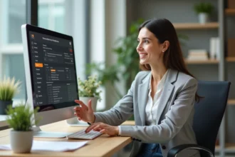 Femme en bureau ajustant logiciel vétérinaire avec concentration