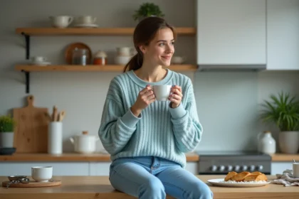 Femme détendue avec tasse de thé dans une cuisine moderne