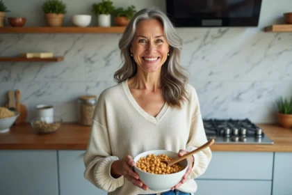 Femme souriante avec bol de pois chiches dans une cuisine moderne