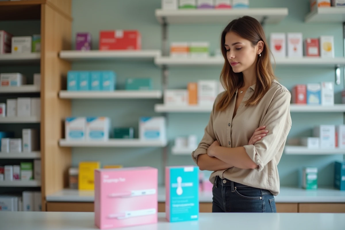 Femme en pharmacie comparant deux boîtes de tests de grossesse différentes posées sur le comptoir