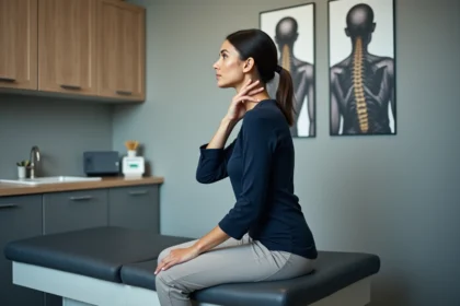 Femme en consultation médicale regardant un poster cervical
