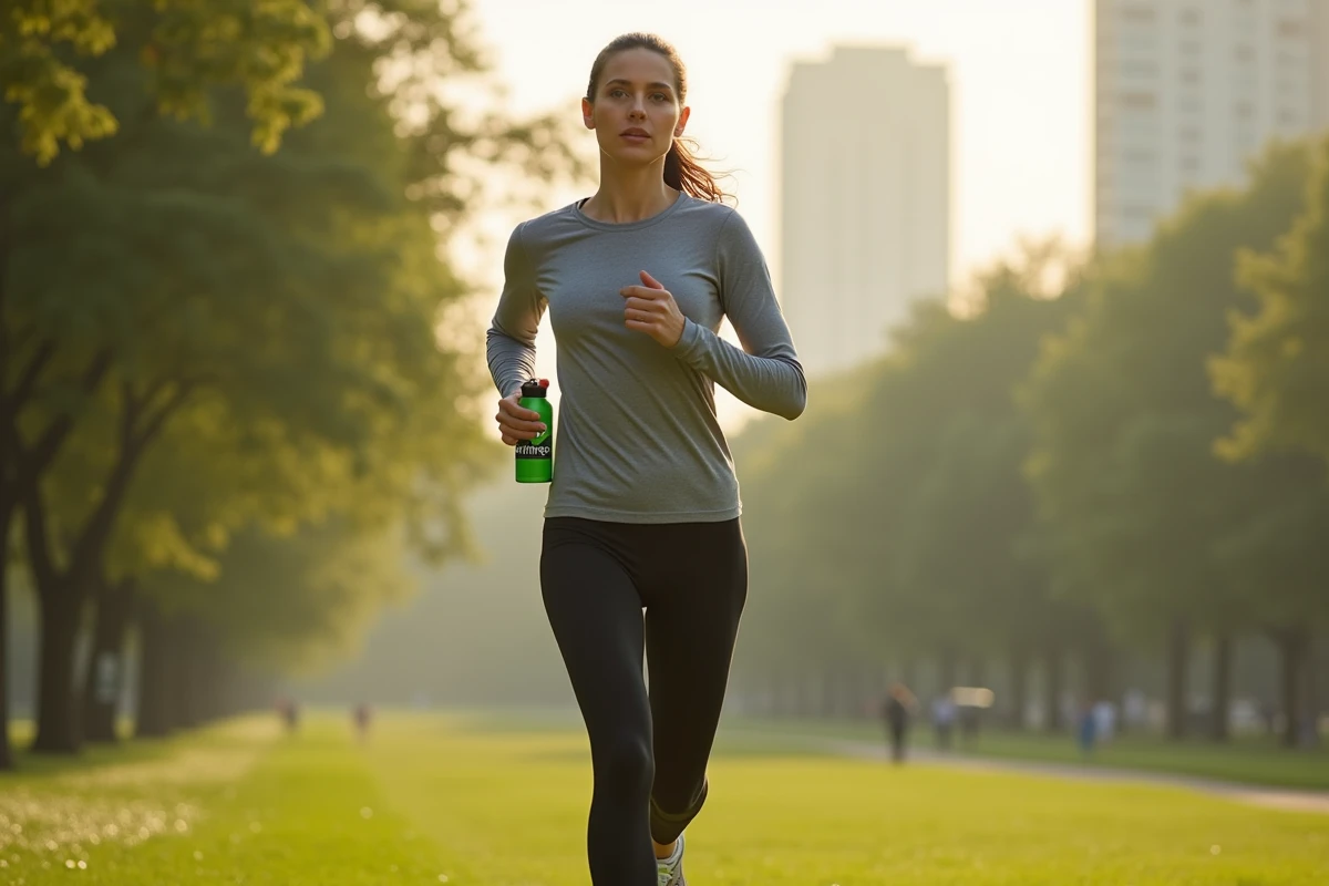 Femme courant dans un parc urbain au petit matin avec bouteille NutriFitness