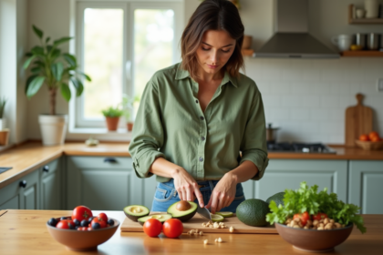 Femme en cuisine coupant avocats et tomates frais