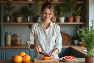Femme souriante coupe un pamplemousse dans une cuisine rustique
