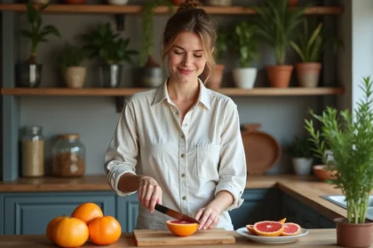 Femme souriante coupe un pamplemousse dans une cuisine rustique