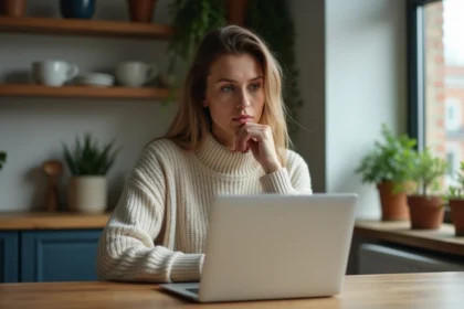 Femme assise à la cuisine regardant son ordinateur portable