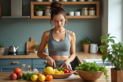 Femme en cuisine préparant un bol de fruits frais