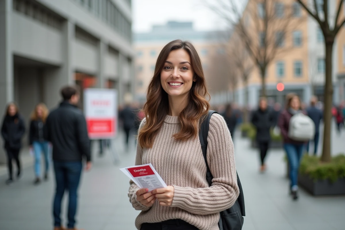 Jeune femme souriante à côté d une unité de don mobile en ville