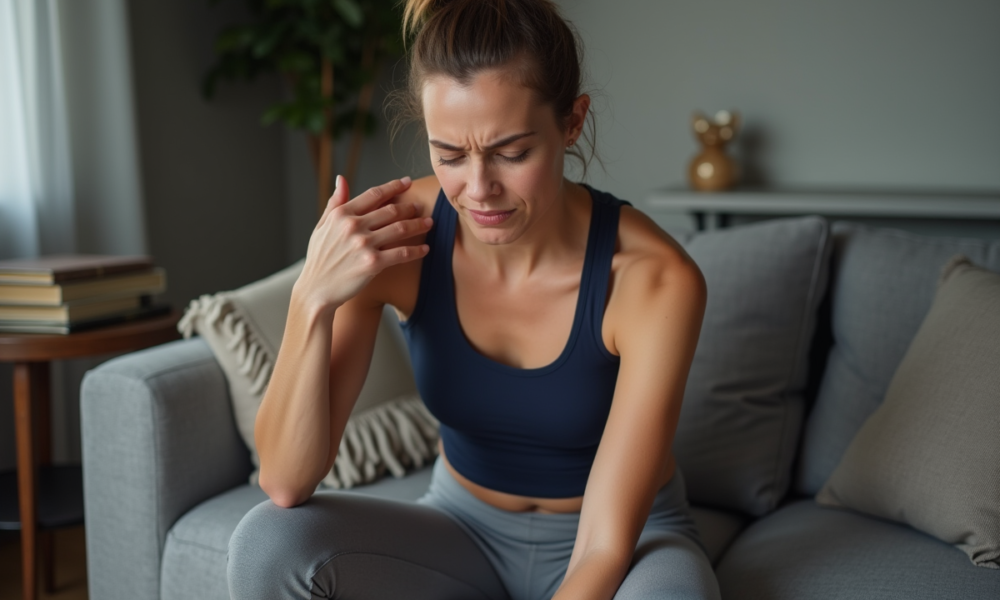 Femme en détente se massant l'épaule dans un salon moderne