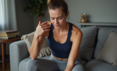 Femme en détente se massant l'épaule dans un salon moderne