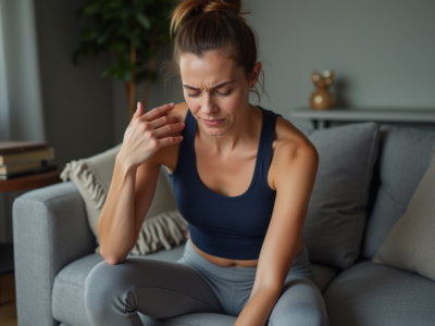 Femme en détente se massant l'épaule dans un salon moderne