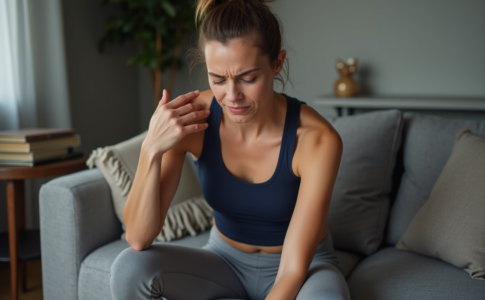 Femme en détente se massant l'épaule dans un salon moderne
