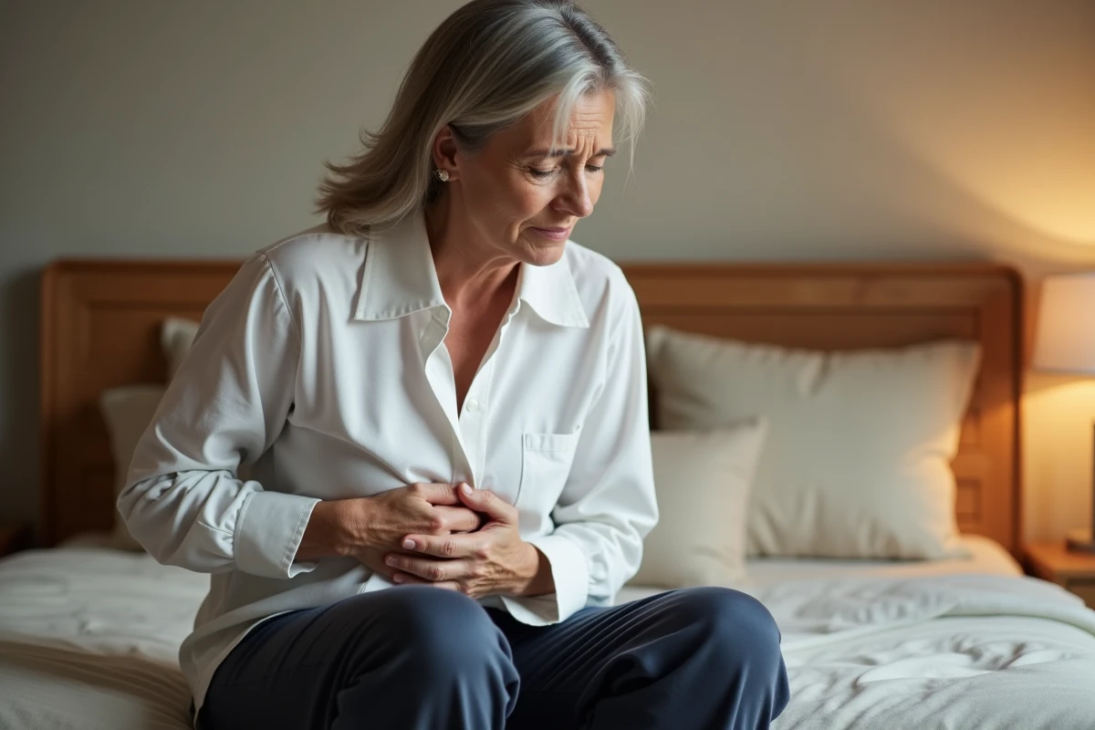 Femme souffrant d'une douleur intercostale côté droit assise sur le bord du lit, les mains sur les côtes
