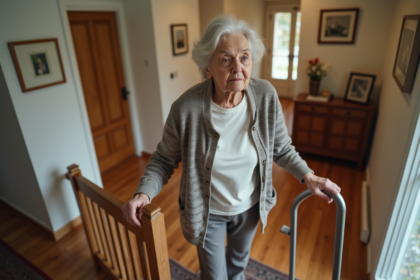 Femme âgée utilisant la rampe dans un escalier intérieur