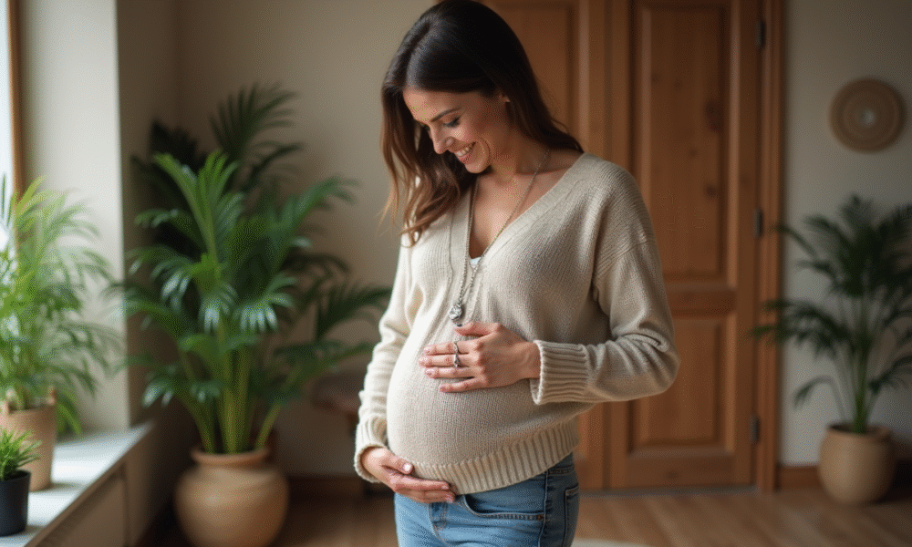 Femme enceinte souriante avec bola de grossesse dans un salon