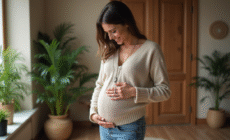 Femme enceinte souriante avec bola de grossesse dans un salon