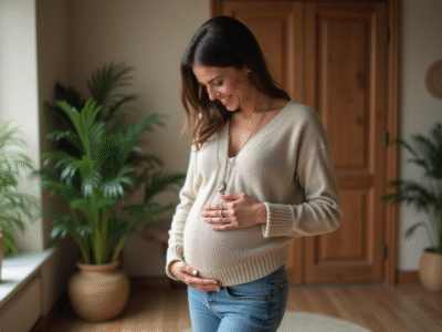 Femme enceinte souriante avec bola de grossesse dans un salon