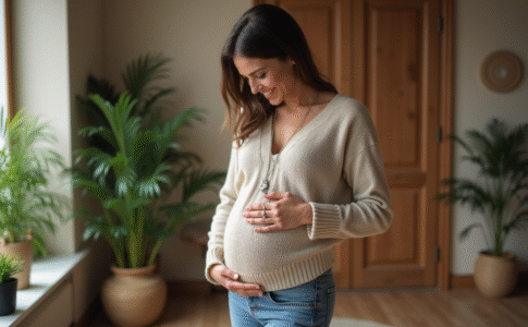 Femme enceinte souriante avec bola de grossesse dans un salon