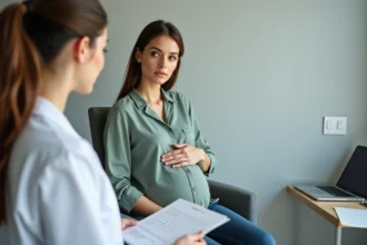 Femme enceinte consultant un médecin au sujet d'un taux de monocytes élevé lors d'un bilan sanguin de grossesse