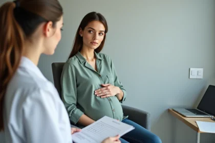 Femme enceinte consultant un médecin au sujet d'un taux de monocytes élevé lors d'un bilan sanguin de grossesse