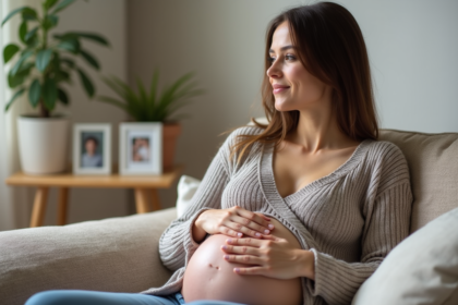 Femme enceinte assise sur un canapé en décoration chaleureuse