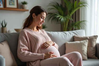 Femme enceinte assise sur un canapé dans un intérieur chaleureux