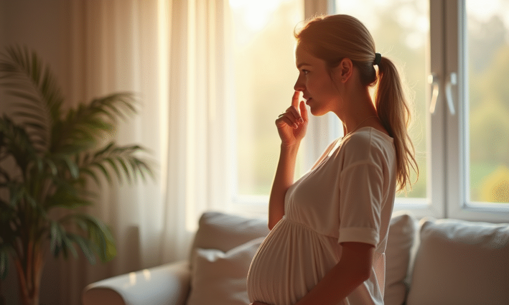Femme enceinte touchant son nez dans un salon lumineux